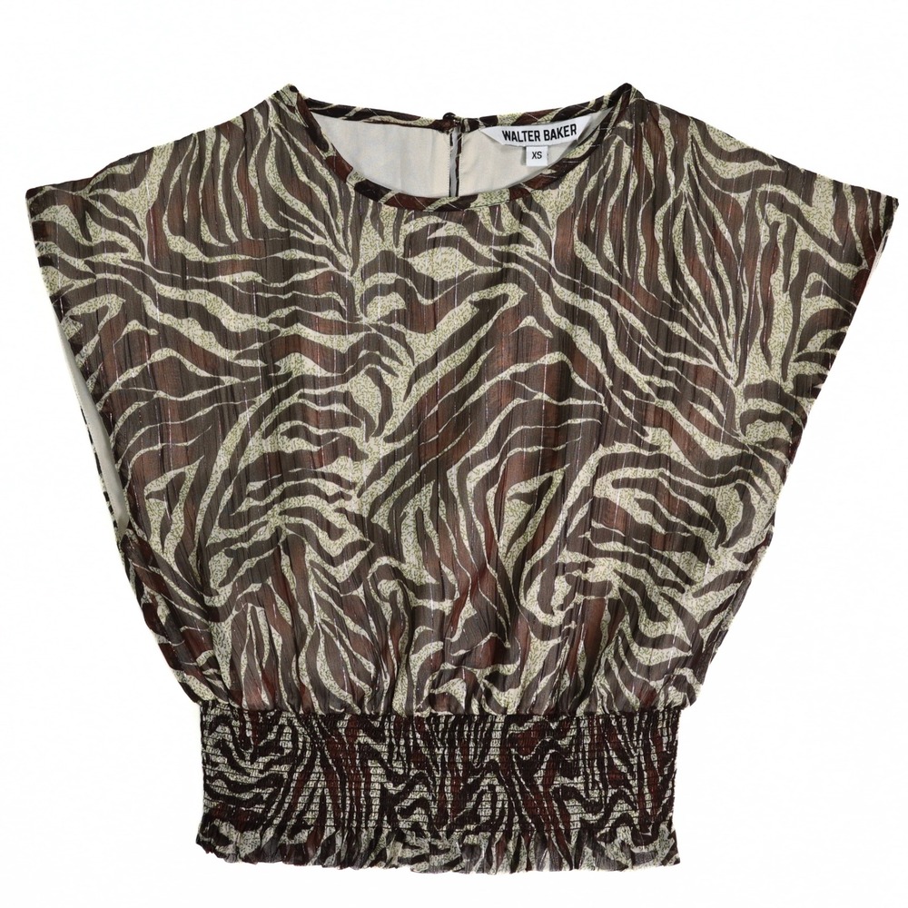 Walter‎ Baker Blouse Womens XS Brown Zebra Smocked Waist Lurex Sheer Lined Party